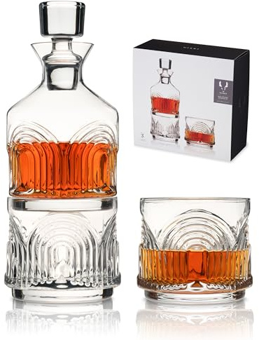 Viski Beau Stacking Decanter Set with Lowball Glasses - Crystal Decanter and Glasses for Whiskey - Art Deco Cocktail Glasses Whiskey Decanter Set of 3