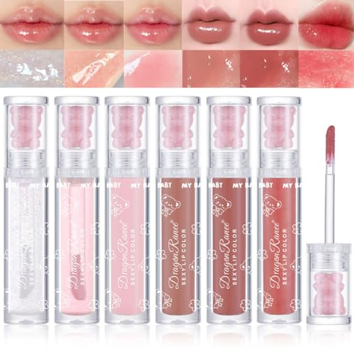 YIBABY Juego de 6 colores de brillo de labios con textura de jalea transparente, hidratante, brillante, resistente al agua, de larga duración y no pegajoso, maquillaje vegano