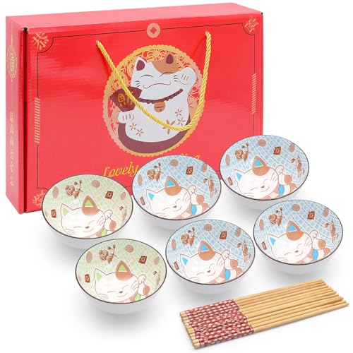 TULEBOLIAN 6pcs Ceramic Rice Bowls,Ceramic Small Bowls Dessert Bowl,Cereal Bowls,Fortune Cat Pattern,Serving Bowl Gift Set,Cute Bowl,10oz/300ml,for Oatmeal,Ice Cream,Salads,Soups