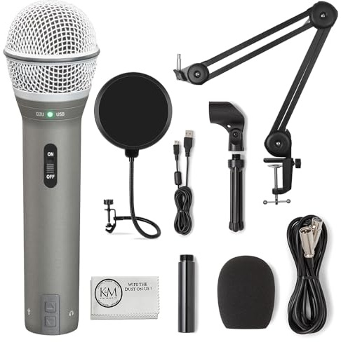 SAMSON Technologies Q2U USB/XLR Dynamic Microphone Recording and Podcasting Pack | Gray Bundled with Pop Filter + Mic Arm + Microfiber Cleaning Cloth (4 Items)