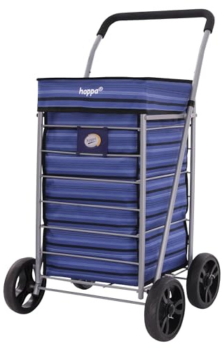 Hoppa - Carrello della spesa pieghevole leggero a 4 ruote modello premium 2024, capacità extra large 75,6L, borsa per la spesa, 95 cm, 4,8 kg, spingi/tira (righe blu)