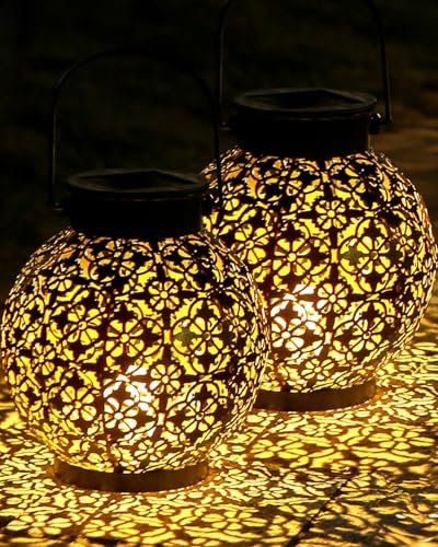 Solar Lantern Outdoor, IP44 Waterproof Lantern, Garden Solar Lamp for Sustainable Lighting, Metal Hanging Patio Lawn Warm White, 2PACK