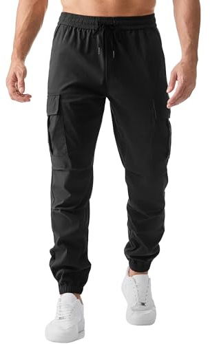 Elegancity Mens Cargo Work Combat Trousers Regular Fit Casual Jogging Pants Drawstring Sweatpants with Pockets (Black, 36)