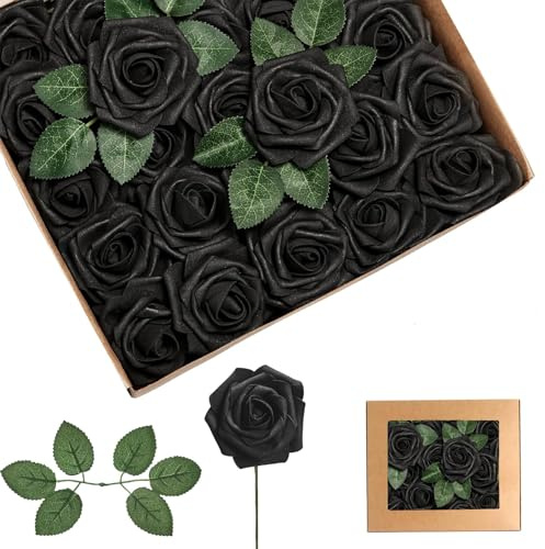 Rose Schiuma Nero,Teste di Fiori Artificiali 25 Pezzi,Schiuma Teste di Rose Con Foglie,Rose Finte Schiuma,Rose Artificiali in Gommapiuma per Matrimonio Bouquet Sposa Torte DIY Cimitero Decorazioni