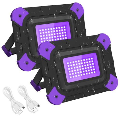 NATPOW Lumiere Noire UV Portable, 6000mAh Projecteur LED Rechargeable, 400-405nm Lampe UV Puissant, IP65 Etanche LED UV, Lumière Noire pour Halloween Aquarium Peinture Corporelle Partylicht, 2 Pièces