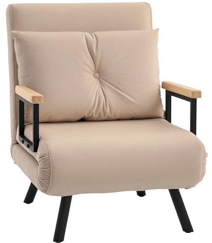HOMCOM Single Chair Bed, Click Clack Convertible Bed Settee, Modern Velvet Feel Fabric Chair Couch with 1 Tufted Cushion, Wood Armrests, for Living Room, Bedroom, Guest Room, Beige