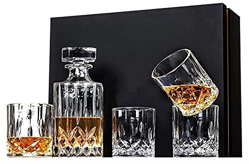 BWCKMTSC Decanter Ensembles de Carafe à Whisky 5 pièces, Carafe à Whisky en Cristal avec 4 Verres dans Une boîte Unique, Ensemble de Carafe à Bourbon