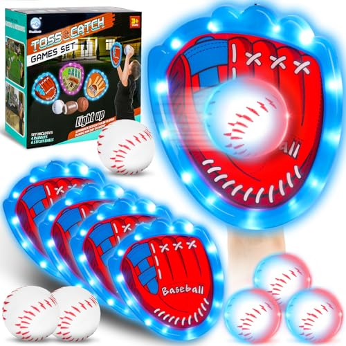 CozyBomB Toss and Catch Ball Game Set - Toddler Sports and Outdoor Toys, Sticky Baseball Glove Catch Games for Kids, Birthday Gifts for 3-10 Year Old Boys Girls (4 LED Paddle 6 Balls Vibration Flash)