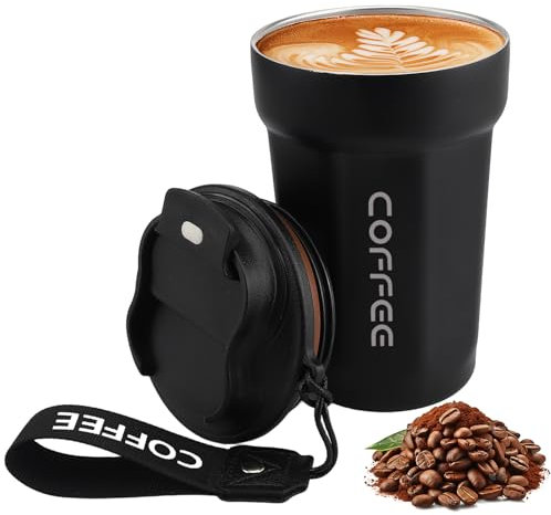Lrocotanc Taza de Café Para Llevar - Termo de Acero Inoxidable 450ml - Vaso Térmico para Café - Taza Aislante Al Vacío A Prueba de Fugas con Tapa - Coffee Mug (Negro)