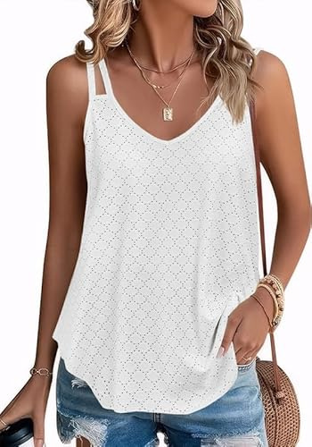 Sukiglam Camiseta sin Mangas Mujer Verano Doble Tirantes Camisetas Holgado Transpirable Malla Chalecos Top Sexy con Cuello en V Elegante Blusa sin Espalda Casual Vacaciones Tank Top Elástica
