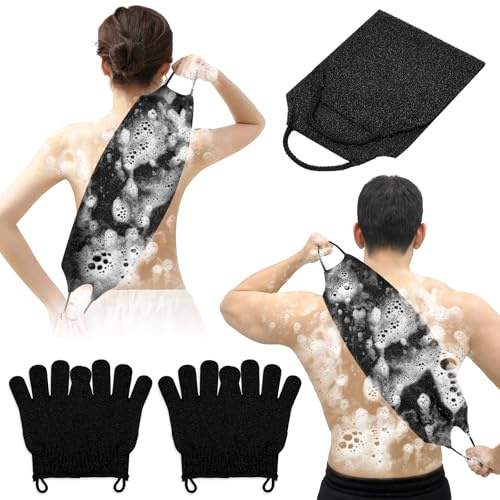 Vicloon Gant de Douche Exfoliante, 4PCS Gants de Bain Exfoliants, 1PCS Sangle de Bain, Gommage Du Dos pour La Douche, Élimine Peaux Mortes, Poils Incarnés, Impuretés, Toutes Peaux (Noir)