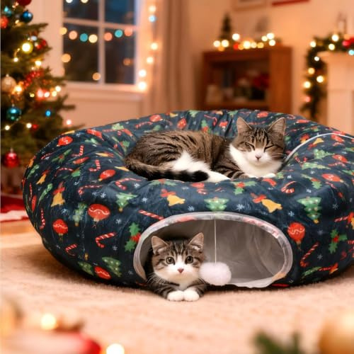 Tunnel de Noël pour chat – Lit tunnel pour chat mignon avec coussin lavable, pliable, tunnel en forme de donut pour chaton, chiot, lapin