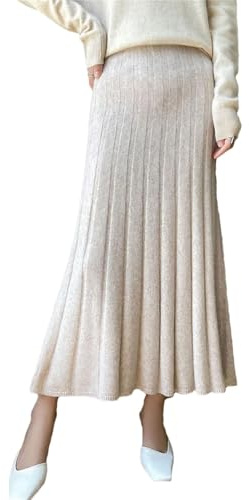 Damen-Strickrock, hohe Taille, A-Linie, einfarbig, Wolle, großer Swing-Regenschirm-Stil, Faltenröcke, Hellbraun, XXL