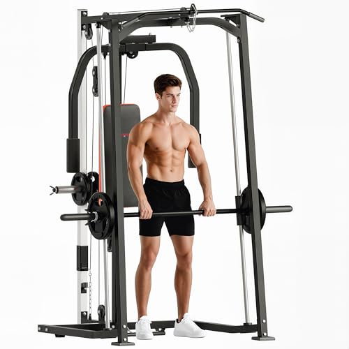 SPORTNOW 3-In-1 Smith Machine, Multifunctional Power Cage with Dual Cable Pulley System, Chest Press Station, 17-Level Squat Rack and Barbell Bar, Home Gym System