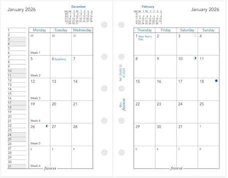 Filofax Calendar Diary Refill, Mini Size, Month-to-View, White Paper, English, 2026 (C68110-26)