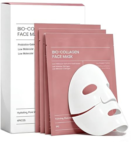 Masque collagène Bio, Bio Collagen Face Mask, Masque Collagene Visage,Hydratant & Anti-Âge, réduit les rides, minimise les pores, hydrate la nuit, 4PCS