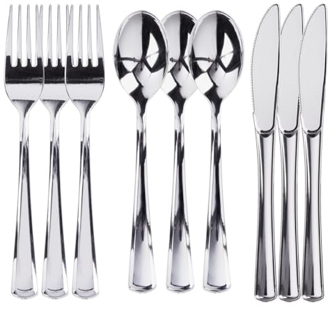 Prestee 300 Piece Heavy Duty Plastic Silverware Set - 100 of Each Silver Plasticware Forks, Spoons, Knives - Flatware Cutlery for Weddings - Durable Disposable Plastic Utensils for Catering, Buffets
