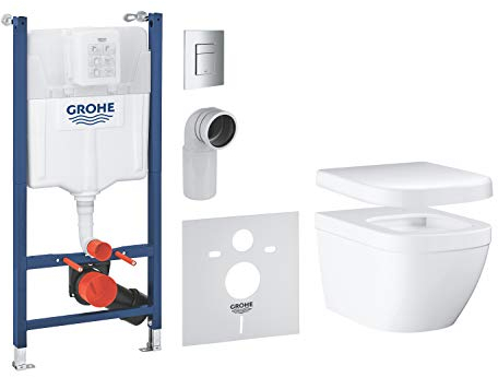 GROHE Solido 5-In-1 Wc Set, Compact Frame 1.13M, Incl Skate Cosmopolitan Flush Plate and Euro Ceramic Wall-Hung Rimless Wc with Soft Close Seat, 39891000