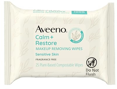 Aveeno Calm + Restore Nourishing Makeup Remover Face Wipes, Fragrance Free Facial Cleansing Towelettes with Oat Extract & Calming Feverfew, Alcohol Free, 100% Plant-Based Cloth, 25 ct