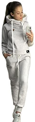 Joligiao Tuta da Ginnastica Donna Tuta per Tempo Libero da Donna in Pile 2 Pezzi Invernale Caldo Felpa con Cappuccio Pullover Top Pantaloni Lunghi (Grigio,XXL)