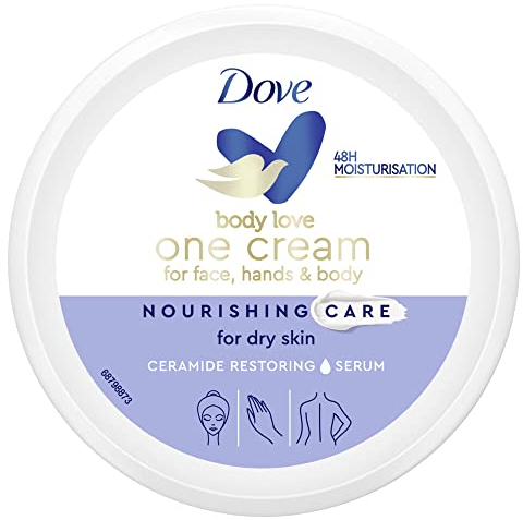 Dove, One Cream Nourishing Care, Crema Viso, Corpo e Mani per Pelle Secca, Dona una Pelle Morbida, Elastica e Idratata per 48h, con Ceramide Restoring Serum, Dermatologicamente Testata, 250ml