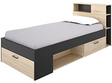 Mobelcenter, Cama Juvenil e Infantil Lanka de 90x190 con Cajones y Estantería, Color Grafito y Natural, Medidas: Ancho: 99 cm x Fondo: 218 cm x Alto: 96 cm (1349)