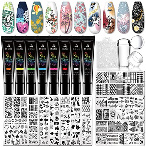 Biutee Nagelstempel Set Nail Valentinstag, French Nails Stempel mit 8 Farben Stamping Gel+12 Nagel Schablone+1 Silikon Nagel Stempel UV Stamping Gel Plate Set Nageldesign Zubehör für Anfänger