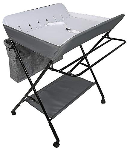 Cambiador de Pañales Plegable con Ruedas y Espacio de Almacenamiento Cambiador para Bebé Altura Ajustable,Plegable con cinturón de seguridad y compartimentos de almacenamiento