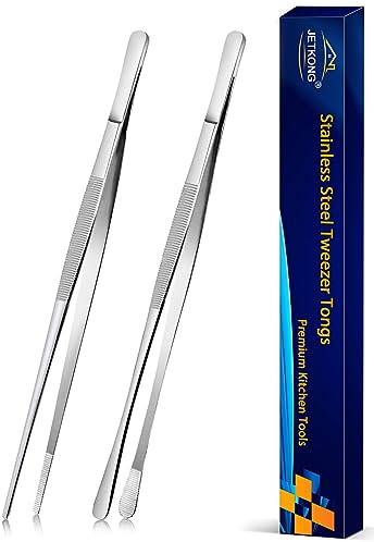 JETKONG 2 Pcs 10-Inch Cooking Tweezers Stainless Steel, Straight Food Tweezers, Professional Kitchen Forceps for Cooking Repairing and BBQ (Silver)
