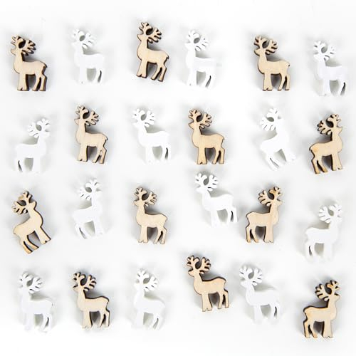 Logbuch-Verlag Mini Renne Decorative in Legno, Set 24 Pezzi: Decorazioni Natale casa, Figure Natalizie Piccole Bianche e Naturali, addobbi per Tavolo avvento Regali e Fai-da-Te, 2 cm