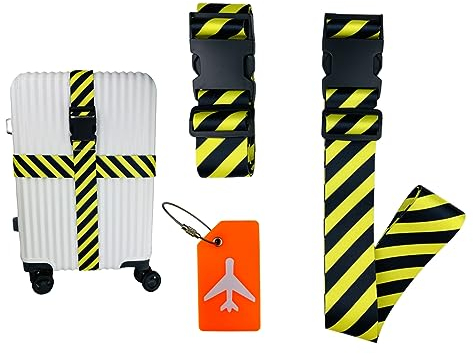 Aymaosen Koffergurte，Auffällig Kofferband bunt，Koffergurte 2 stück+1Kofferanhänger (Schwarze und gelbe Streifen)