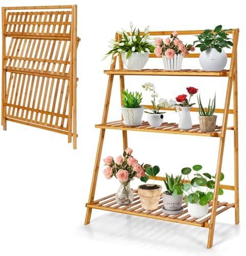 COSTWAY Scaffale Porta Piante Pieghevole in Bambù, Scaffale a Scala per Piante e Fiori con 3 Ripiani, Portapiante da Interno ed Esterno, Ideale per Terrazza, Giardino, Balcone e Portico