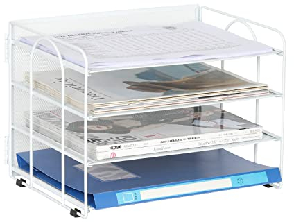 EasyPAG 4 Fächer A4 Metall Büro Schreibtisch Organizer Dokumentenhalter Aktenablage Zeitschriftenhalter Briefablage Papier Magazin Organisator,Weiß