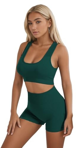 dohomiryo Donna Set di Abbigliamento Yoga Reggiseno Sportivo+Leggings 2 Pezzi Tuta Sportiva Palestra Fitness Activewear Verde scuro M