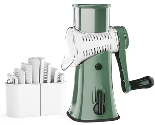 RoseFlower 5-in-1 Râpe à Fromage Rotative, Râpe de Cuisine Multifonction Vitesse 30 Secondes pour Fromage, Carotte, Légume, Pomme de Terre, Chocolat, Noix, Mandolines - Vert
