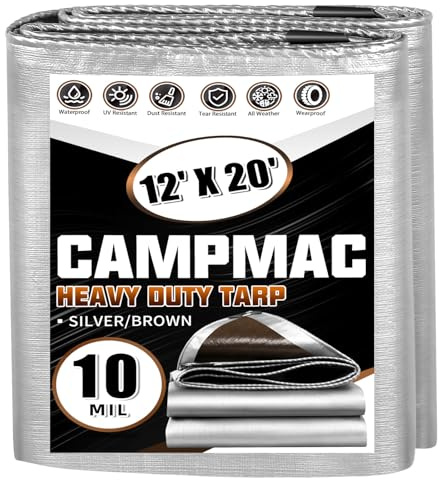 CAMPMAC Tarps Heavy Duty Waterproof 12x20 Ft, 10 Mil Thick, High Durability, Rip, UV Resistant and Tear Resistant with Metal Gromets Every 20 Inches (Silver/Brown - Reversible)