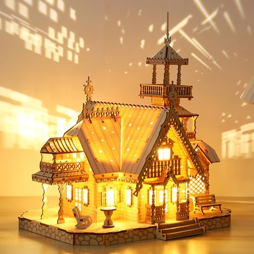 Foyucool Puzzle de Madera 3D, Cabaña Maqueta con Luces LED para Adultoss | Kit DIY con Diseño Único, Rompecabezas para Montar, Regalo Ideal para Cumpleaños o Navidad