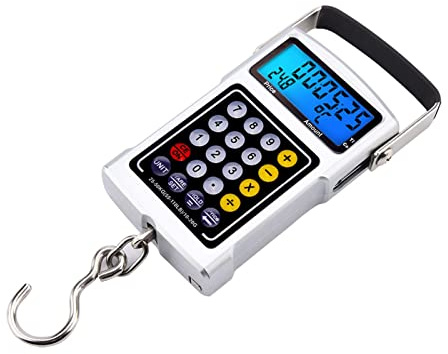 Bilancia Digitale Elettronica a Gancio 50Kg 7 in con Display LCD Funzioni Temperatura Orologio Calcolatrice Metro per Pesca Bagagli Viaggio