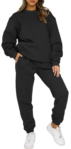 Yutdeng Tuta da Donna Foderato in Pile Completo Sportivo 2 Pezzi Manica Lunga Girocollo Pullover Felpa e Pantaloni Jogging Tute Tinta Unita Casual Outfit per Casa Palestra Yoga,Nero,S