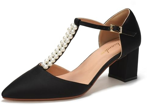 Elivandon J1587 Women's Satin Pointed Toe Mid-Heel Evening Sandals 2.36 inches Block Heel Bridal Party Wedding Pumps with Double Pearl T-Strap Colour Black,Size 2.5 UK/35 EU