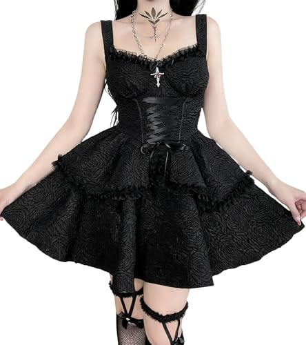 DINGJIUYAN Gothic A-Line Pleated 2 Layers Swing Dress Women Harajuku Summer Lolita Lace Trim Dresses Ladies Y2K Retro Grunge Streetwear Dresses