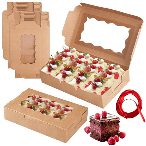 Velicber 20 Pièces Boite Papier Kraft Marron avec Fenetre Transparente, Carton Patisserie pour Cookies, Cupcakes, Cadeaux, Bonbon - 17.8 x 11 x 3.8 cm, Ruban Rouge