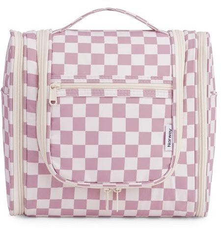 Narwey Kulturbeutel zum Aufhängen, Kulturtasche Kulturbeutel Damen Kinder Gross, Waschtasche Hanging Toiletry Bag Damen für Reise, Kosmetiktasche Make up Tasche für Frauen (Kariert Staubrosa (Groß))