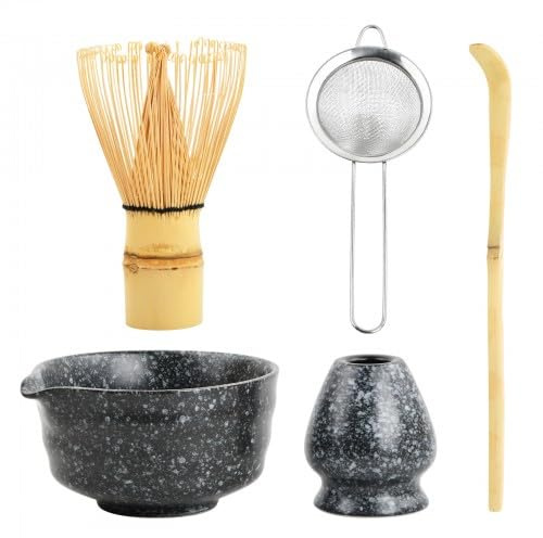 5 in 1 Set Tè Matcha Giapponese con Frusta Matcha in Bambù, Portafrusta, Ciotola per Matcha, Cucchiaio Matcha Servizio Tè Matcha Ceramica Matcha Kit per Cerimonia Matcha (nero)