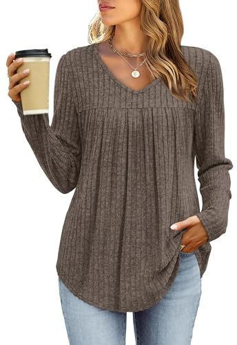 WIHOLL Hauts à manches longues pour femmes avec col en V - Pulls pour femmes - Tuniques pour femmes à col en V - Pulls de Noël rayés pour femmes - Sweat-shirts, E-kaki., 2XL
