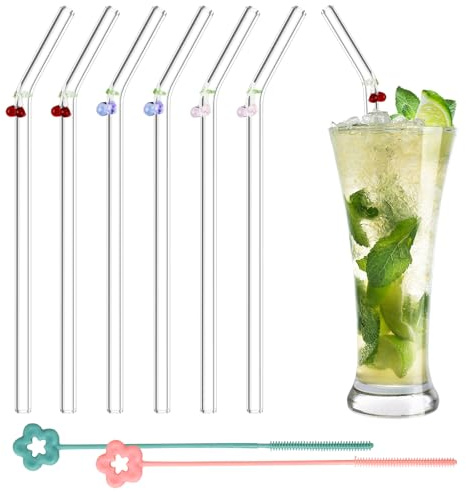 Ensemble Pailles en Verre Cerise, 6 Pièces Avec 2 Brosses Nettoyage, 20 cm de Long, Paille Reutilisable, Rose, Rouge et Violet, Adaptées à Toutes Sortes de Jus, thé au Lait, Café, etc