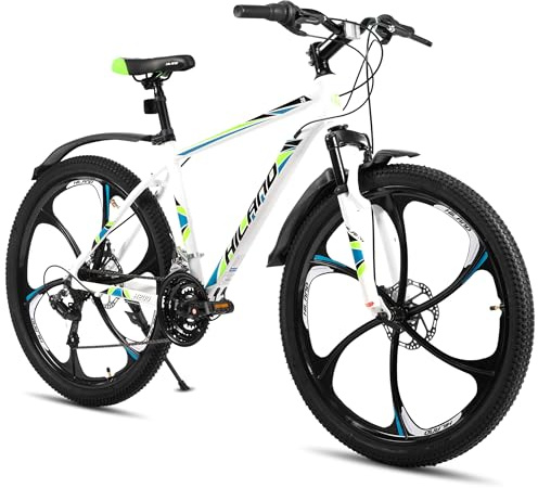 Hiland Mountain bike per adulti da 26 pollici, freni a disco anteriori e posteriori, 6 raggi, 18 velocità, telaio in alluminio leggero, unisex, forcella ammortizzata，bianco