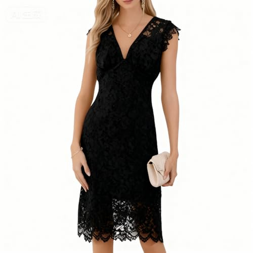 Women's Lace Cocktail Dress Sleeveless V Neck Elegant Bodycon Midi Dress for Wedding Guest Party Evening Formal (US, Alpha, Large, Regular, Regular, Black)