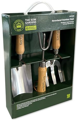 Spear & Jackson 3057KEW Kew Gardens Collection 3 Piece Garden Hand Tool Gift Set - Hand Trowel, Weed Fork and Cultivator - FSC Weatherproofed Handles, Mirror Polished Stainless Steel Heads