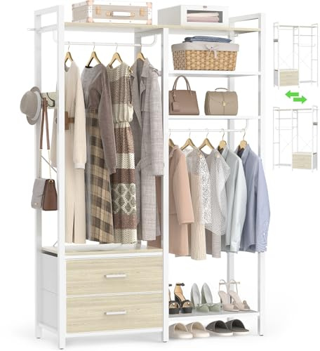 iSunirm Armario abierto con cajones y rieles dobles para colgar, perchero industrial de ropa de 115 cm de ancho con 2 contenedores de tela, almacenamiento de zapatos y estantes reversibles, perchero